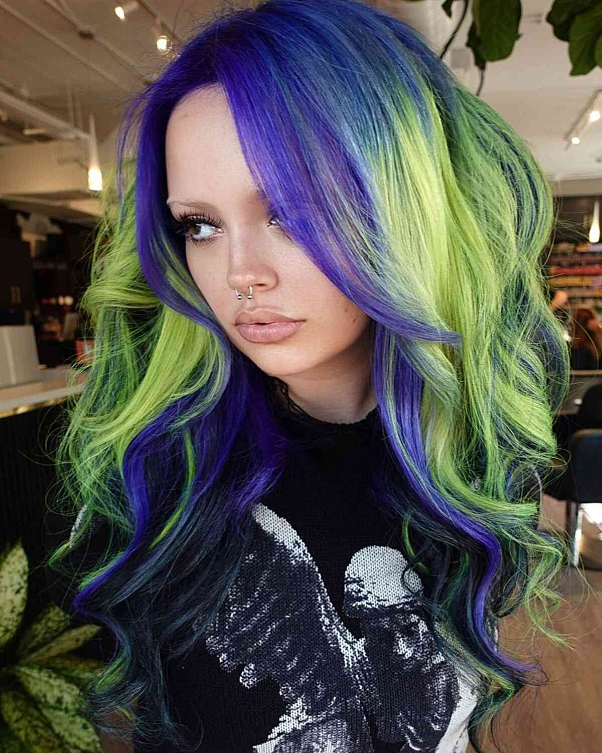 Halloween-Inspired green and purple tones hair color idea