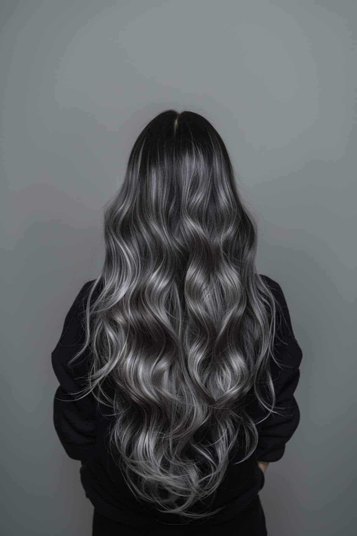 Long black hair with silver ombre waves