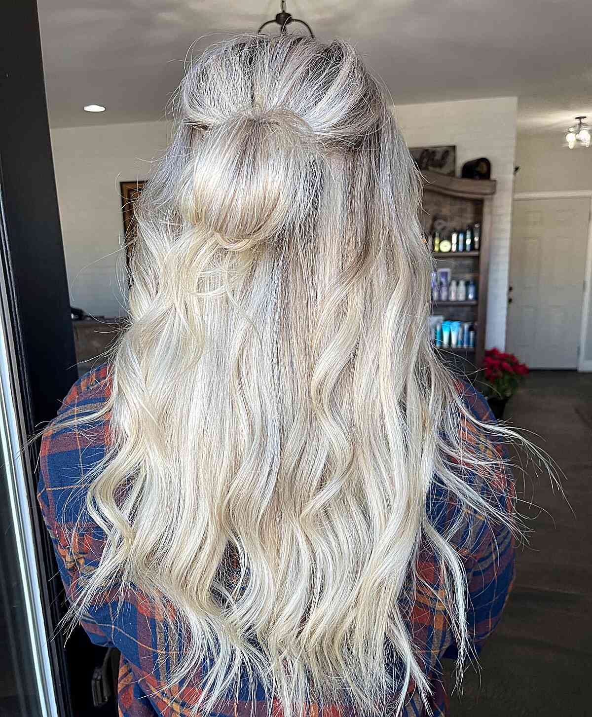 28 Long Blonde Hair Styles That Are Taking Over in 2025 long blonde half up bun hairdo