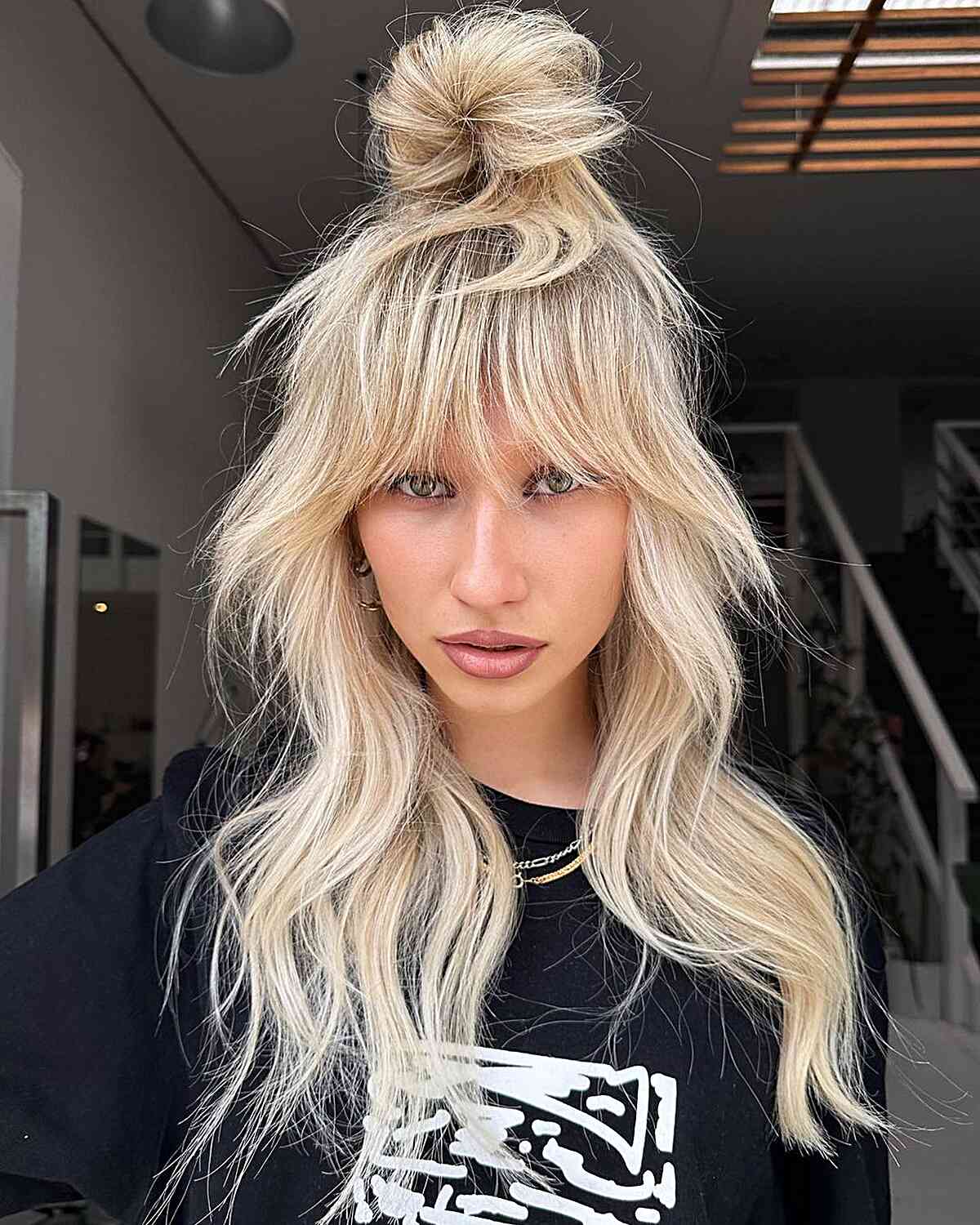 28 Long Blonde Hair Styles That Are Taking Over in 2025 Long Blonde Half Updo Hairstyle with Bangs