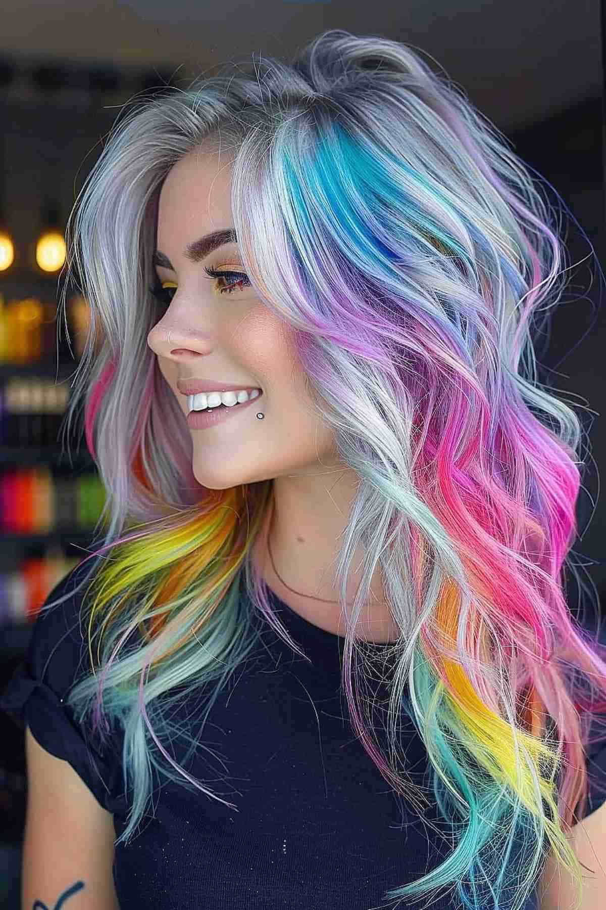 Long silver-based hair with layered waves featuring rainbow colors
