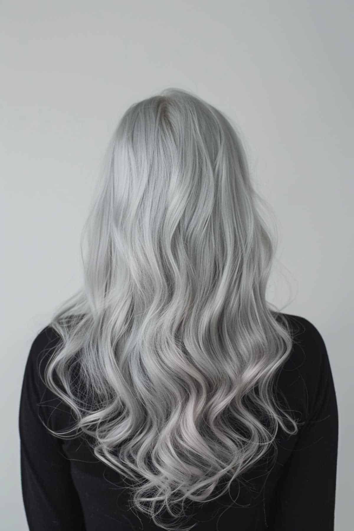 Long wavy icy silver hair color