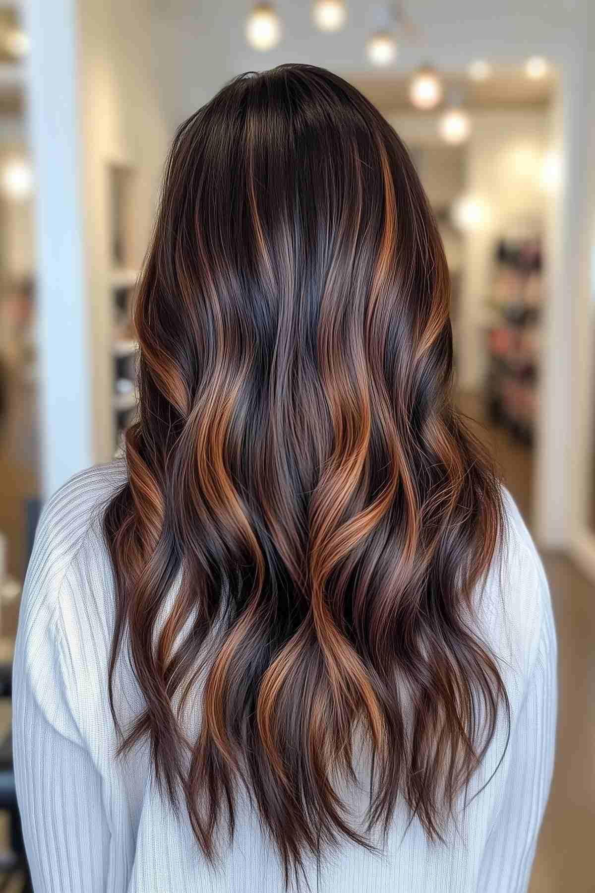 low maintenance deep dark hair with copper highlights