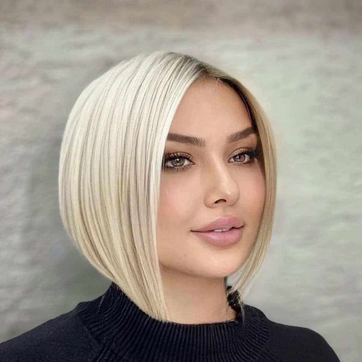 Short Soft Blonde Rounded Bob with a Middle Part