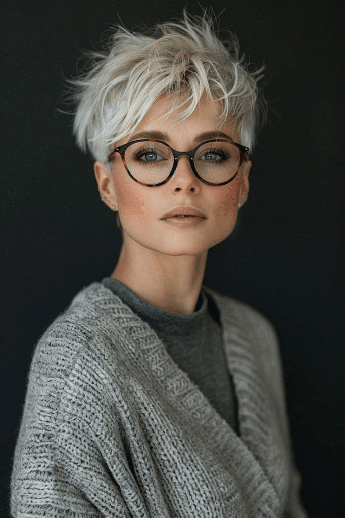 14. Chic White-Blonde Pixie with Glasses