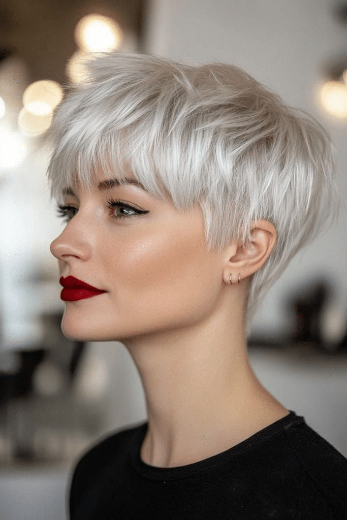 15. Icy Blonde Pixie with Classic Bangs