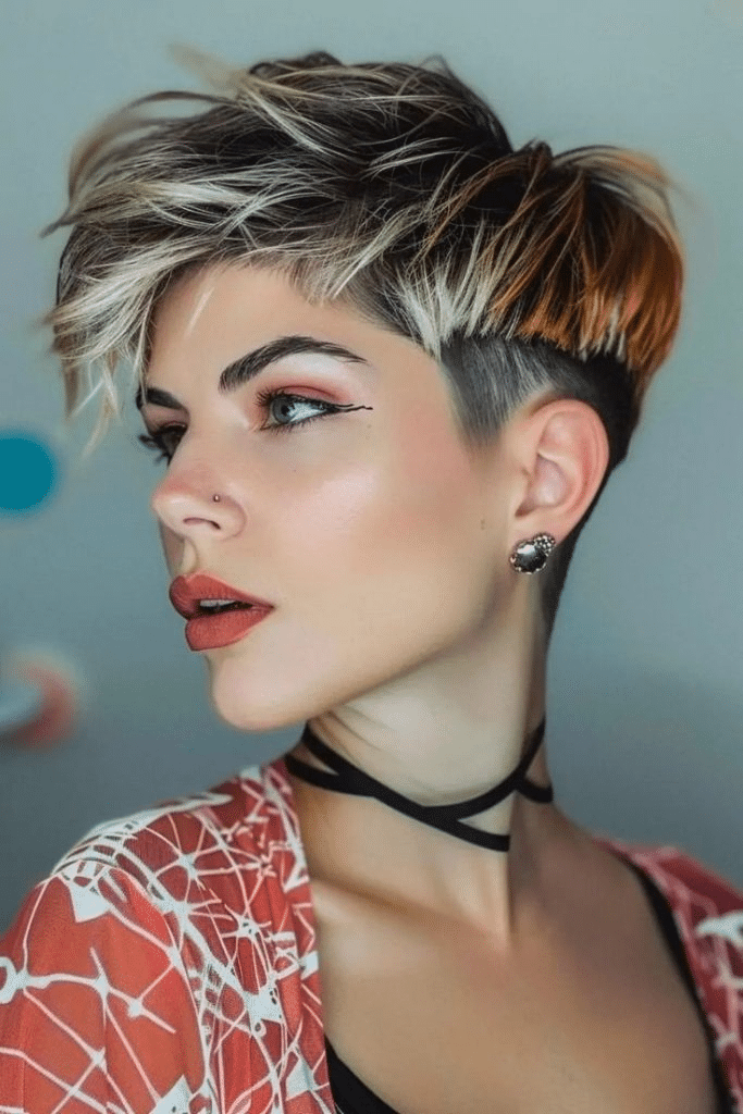 19. Layered Blonde Pixie with Dark Roots
