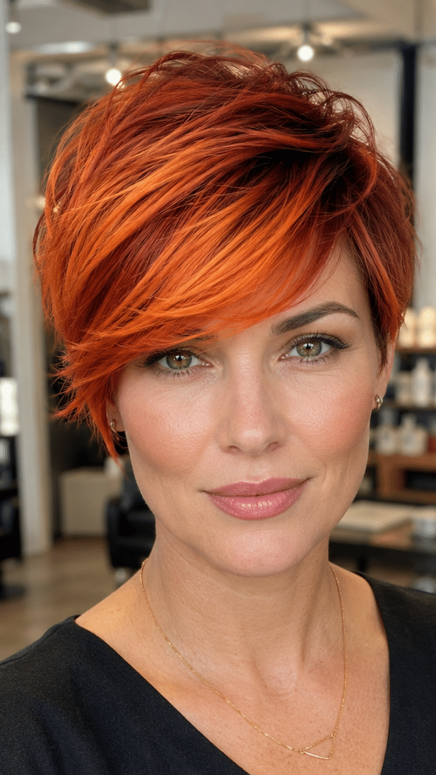 Fiery Tangerine Sweep Pixie Hair