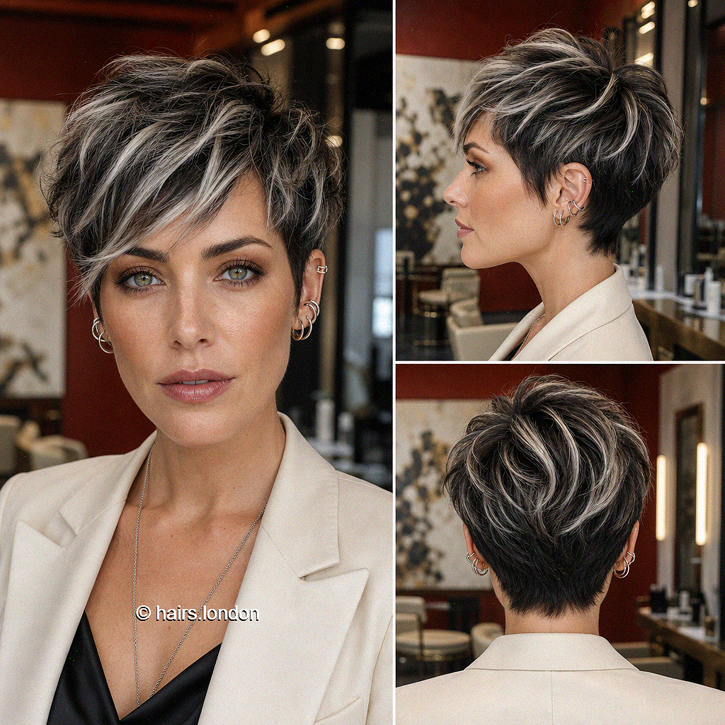 38 Trendy Pixie Cuts for Every Vibe Espresso Silver Contrast Hair