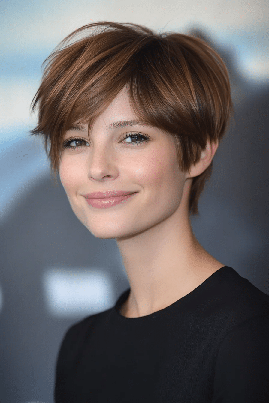 8. Warm Brown Pixie with Curtain Bangs
