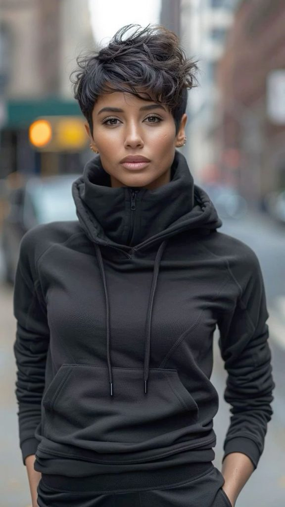 9. Textured Jet-Black Pixie with Volume