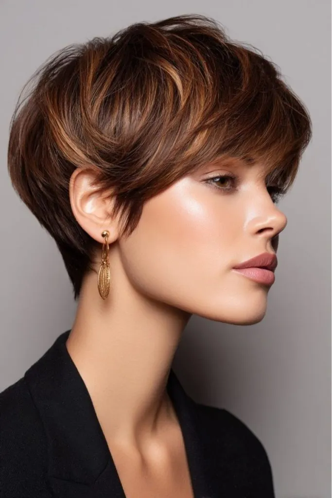 Golden Highlights Layered Long Pixie