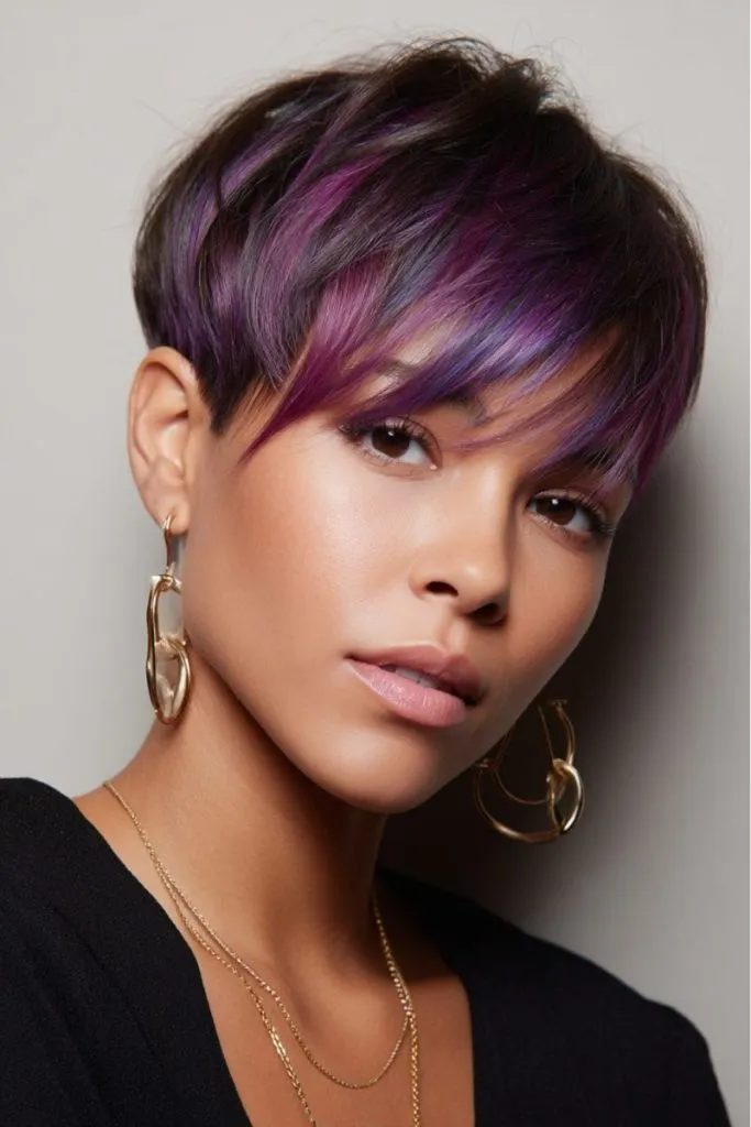 Purple Highlights Undercut Long Bangs Pixie