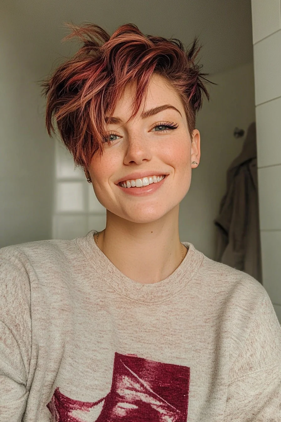 Shaggy Undercut Pixie with Burgundy Highlights