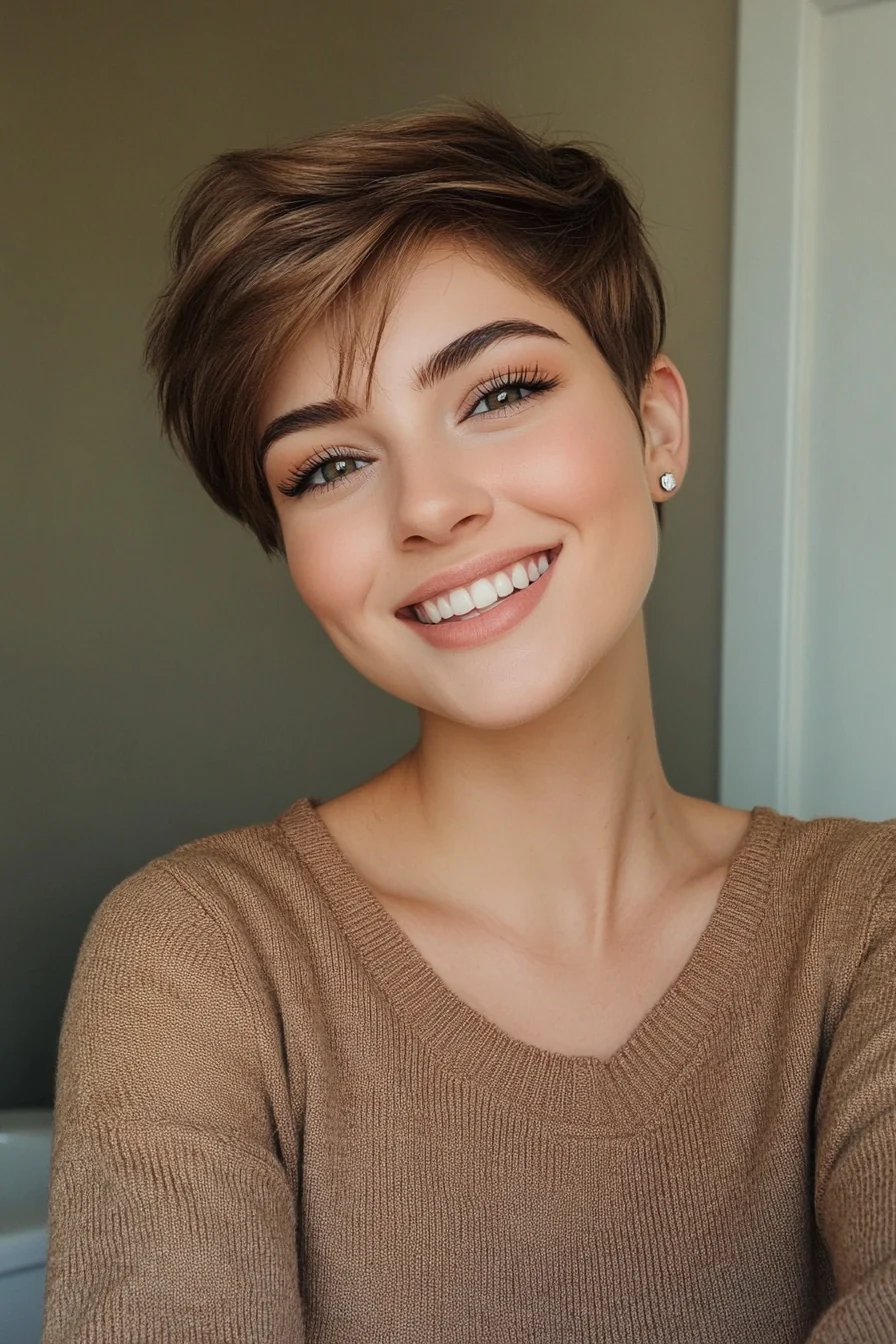 Short Undercut Pixie in Warm Chestnut Brown