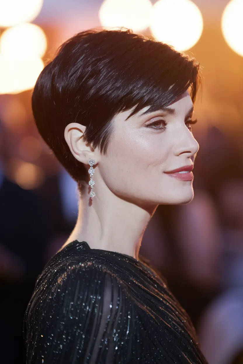 Sleek Black Pixie with Side Fringe