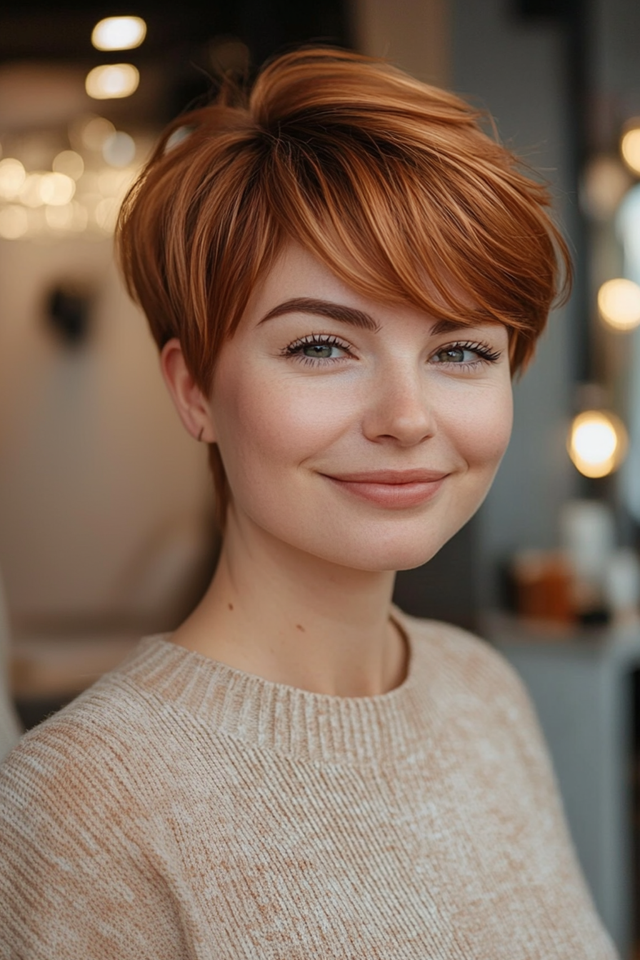 Soft Pixie Bob with Bangs in Sandy Copper