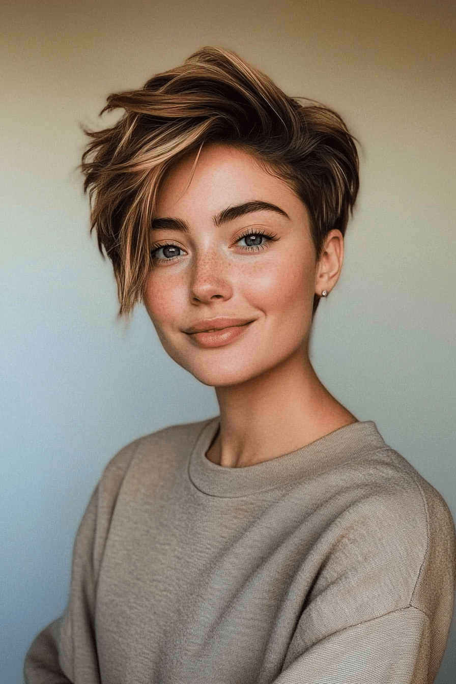 Subtle Undercut Pixie with Warm Honey Highlights