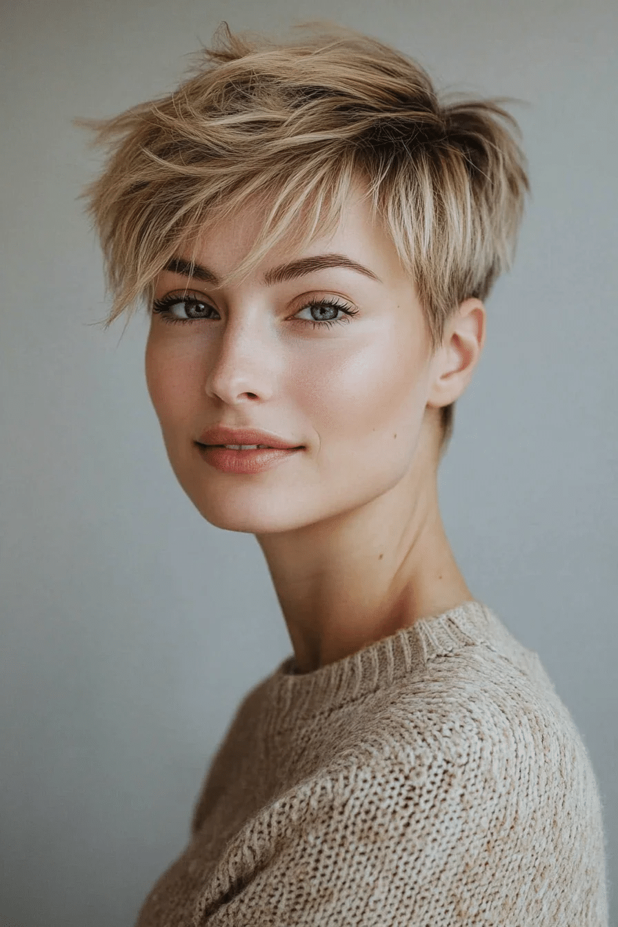 Undercut Pixie with Feathered Layers in Sandy Blonde