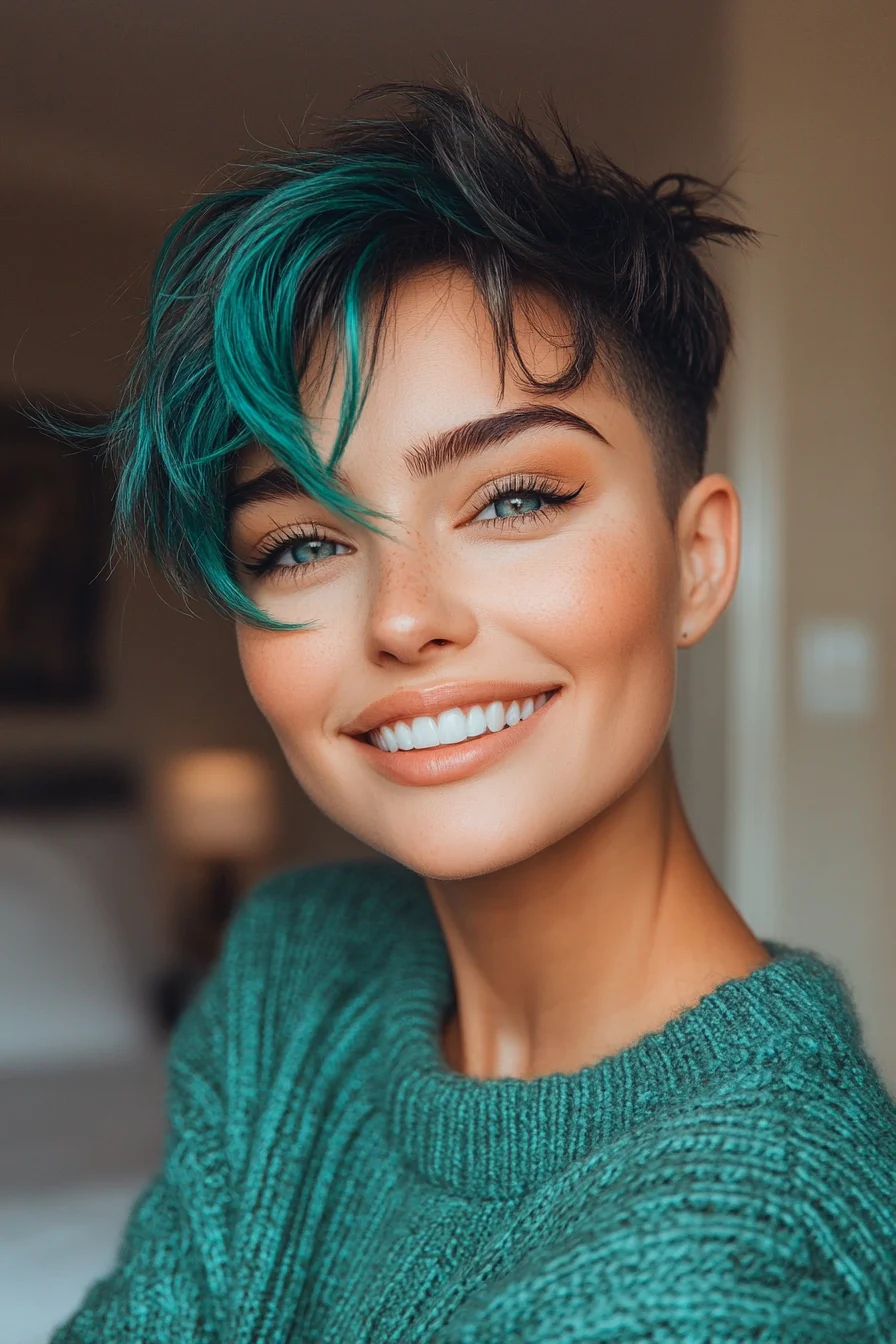 Undercut Pixie with Shaggy Crown and Teal Streaks