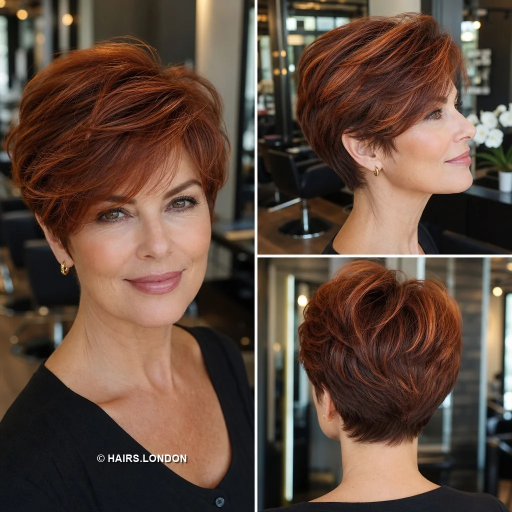 20 Sculpted Pixie Haircuts with Swept Fringes, Spikes and Dimensional Color Auburn Layered Pixie
