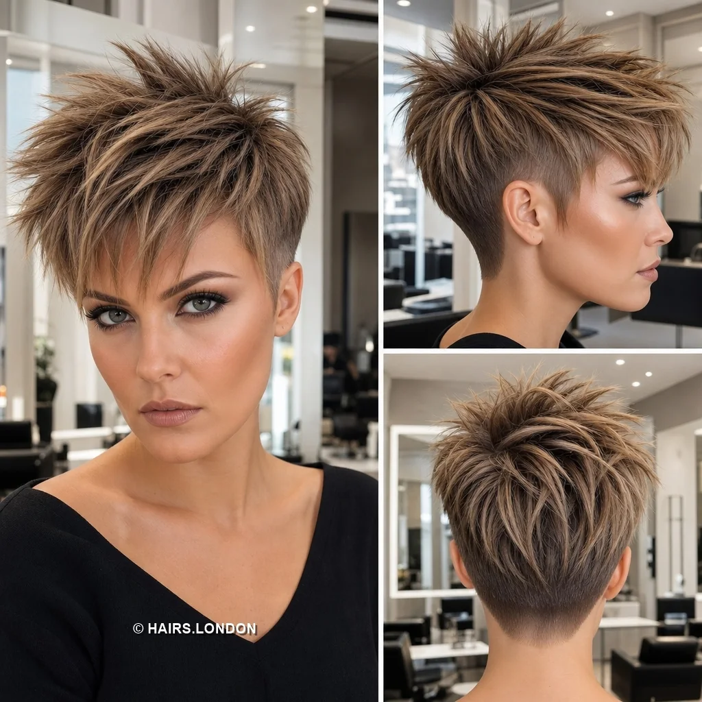 20 Sculpted Pixie Haircuts with Swept Fringes, Spikes and Dimensional Color Beige Razor Pixie
