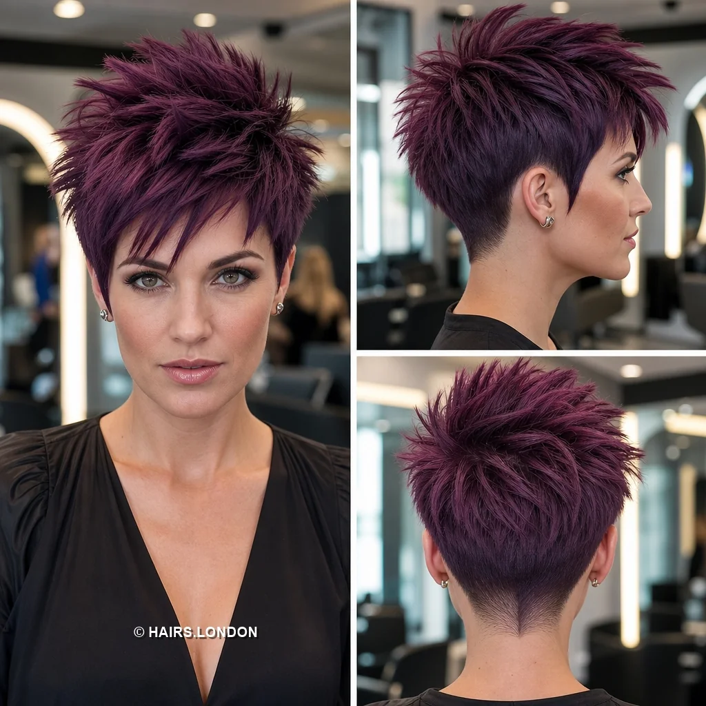 20 Sculpted Pixie Haircuts with Swept Fringes, Spikes and Dimensional Color Berry Spiked Pixie