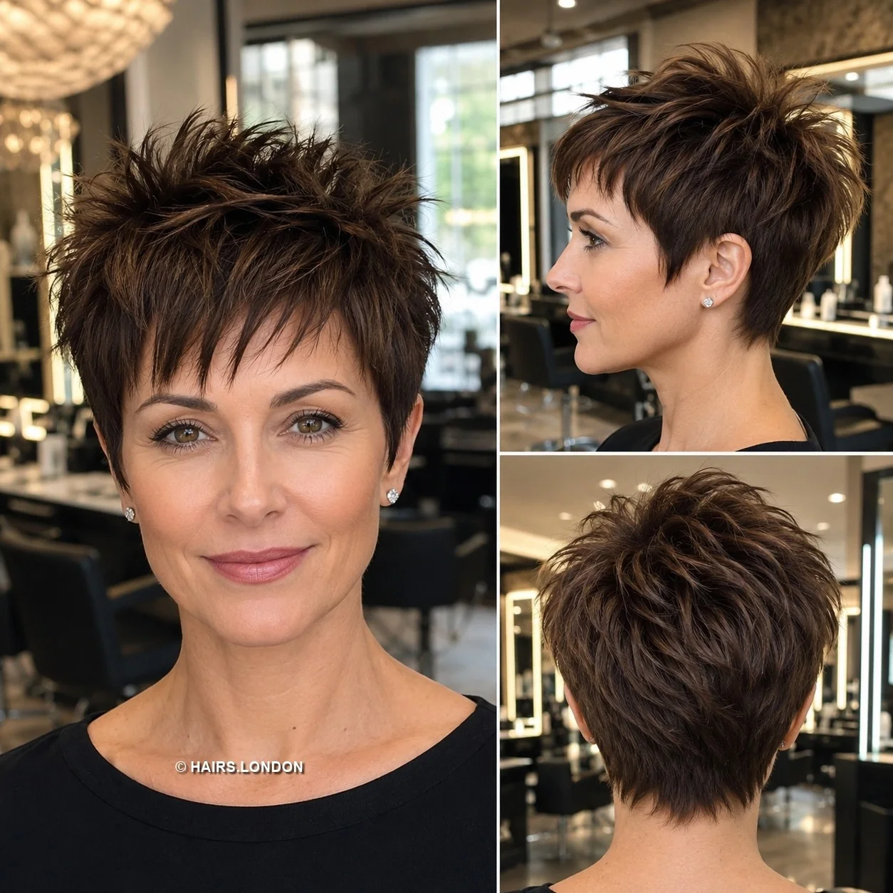 20 Sculpted Pixie Haircuts with Swept Fringes, Spikes and Dimensional Color Brunette Feathered Pixie