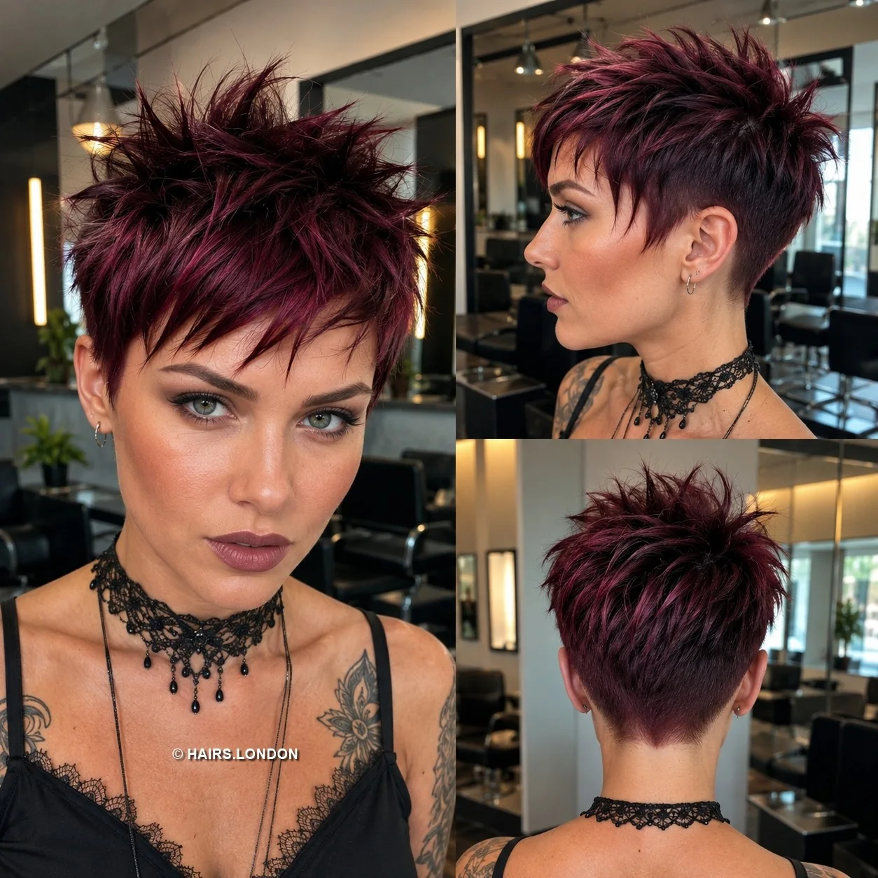 20 Sculpted Pixie Haircuts with Swept Fringes, Spikes and Dimensional Color Burgundy Shattered Pixie