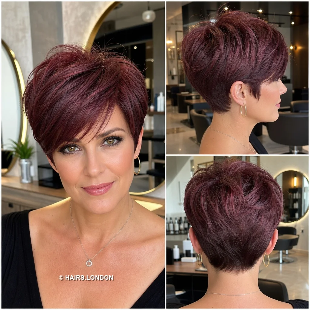 20 Sculpted Pixie Haircuts with Swept Fringes, Spikes and Dimensional Color Burgundy Sidefringe Pixie