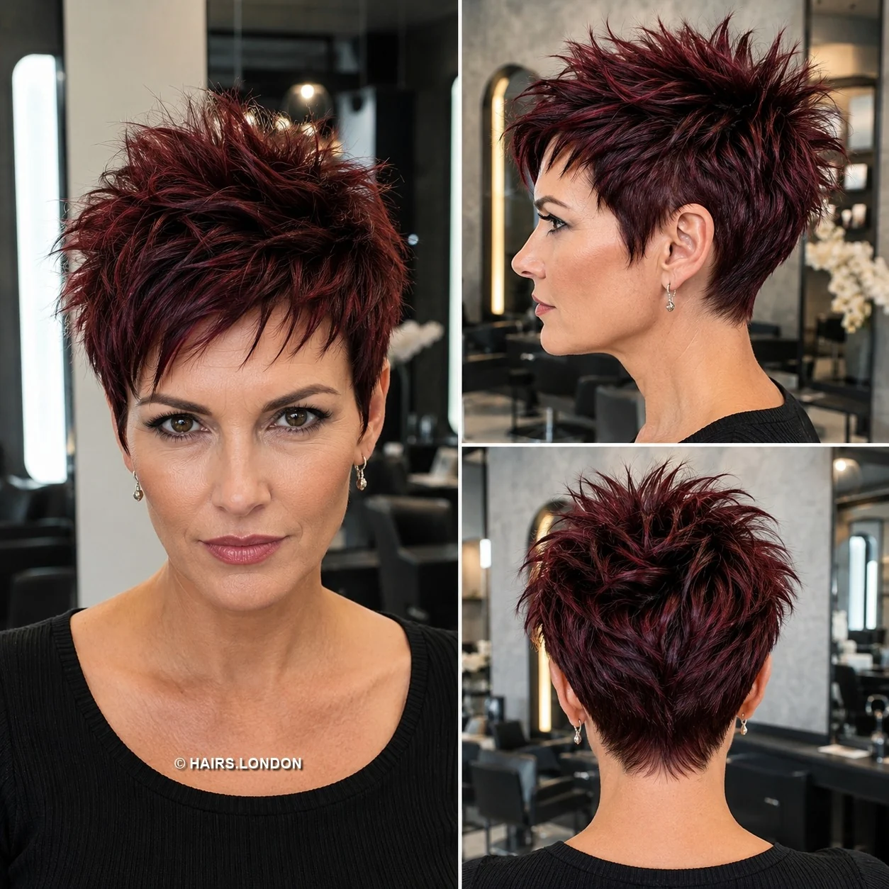 20 Textured Pixie Haircuts with Bold Color, Volume and Tapered Detail Burgundy Spiky Pixie