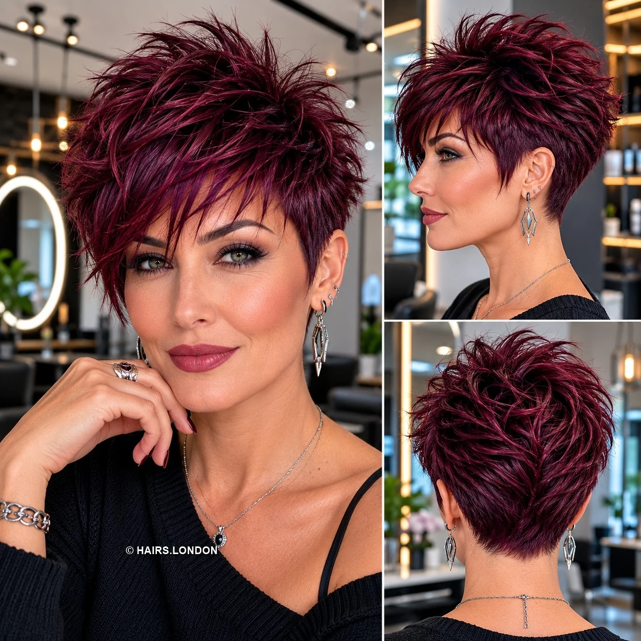 20 Textured Pixie Cuts with Bold Color, Swept Fringes and Crown Lift Burgundy Spiky Pixie