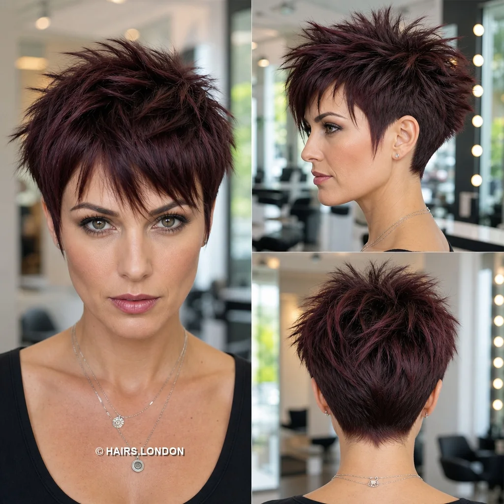 20 Edgy Pixie Haircuts with Spiky Texture, Tapers and Bold Color Burgundy Spiky Pixie