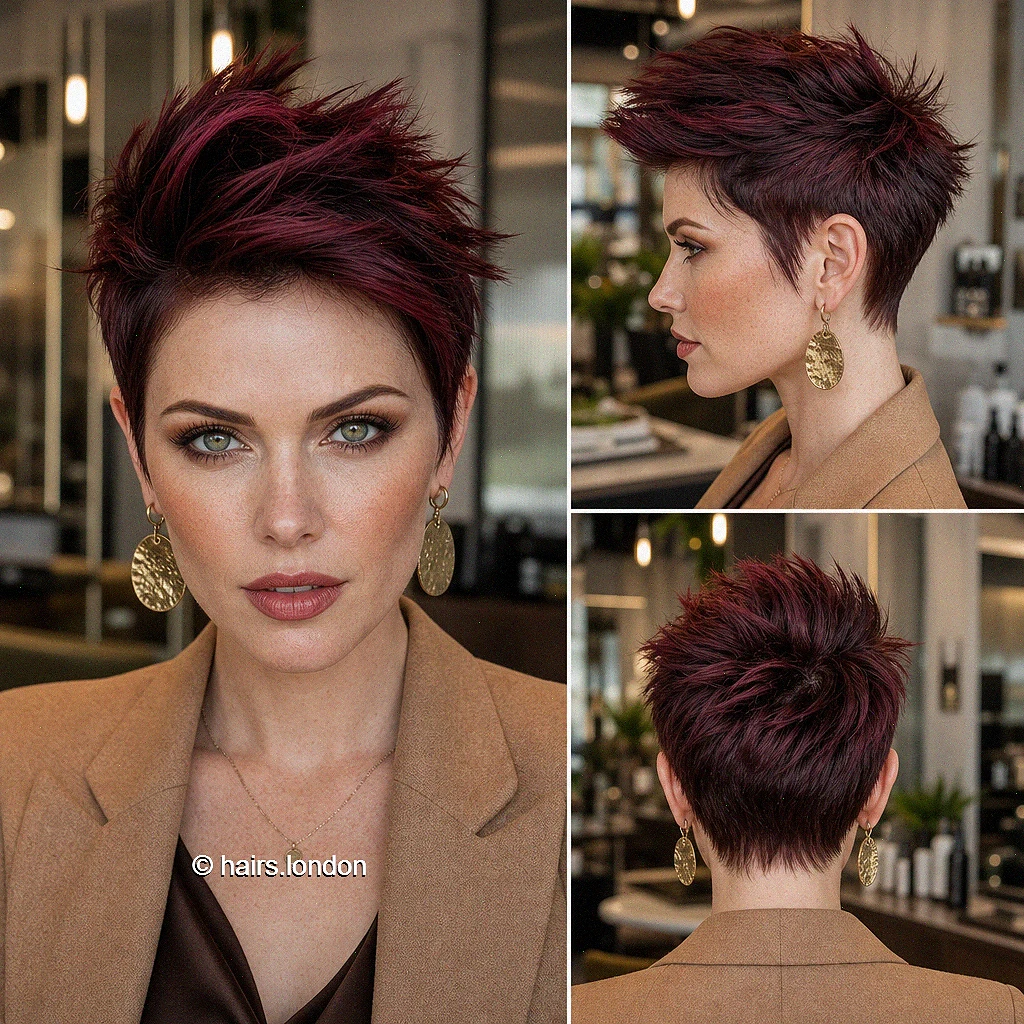 20 Textured Pixie Haircuts with Bold Colors and Soft Curls Burgundy Spiky Pixie