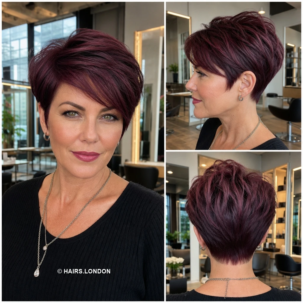 20 Textured Pixie Haircuts with Color, Volume and Modern Shape Burgundy Swept Pixie