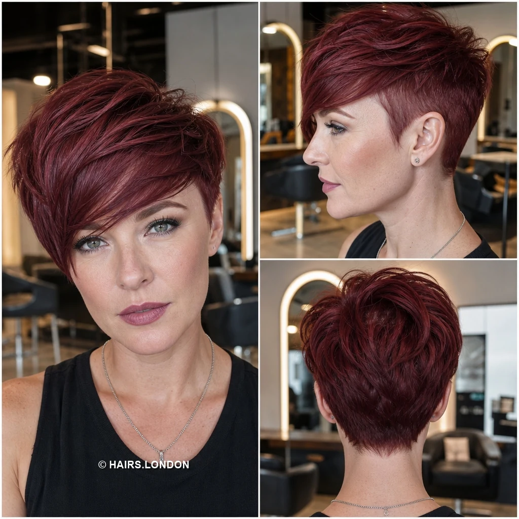 20 Bold Pixie Haircuts with Spiky Texture, Rich Color and Volume Burgundy Swept Pixie