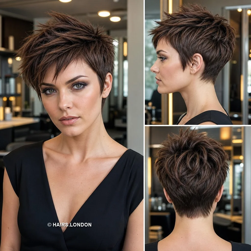20 Sculpted Pixie Haircuts with Swept Fringes, Spikes and Dimensional Color Espresso Piecey Pixie