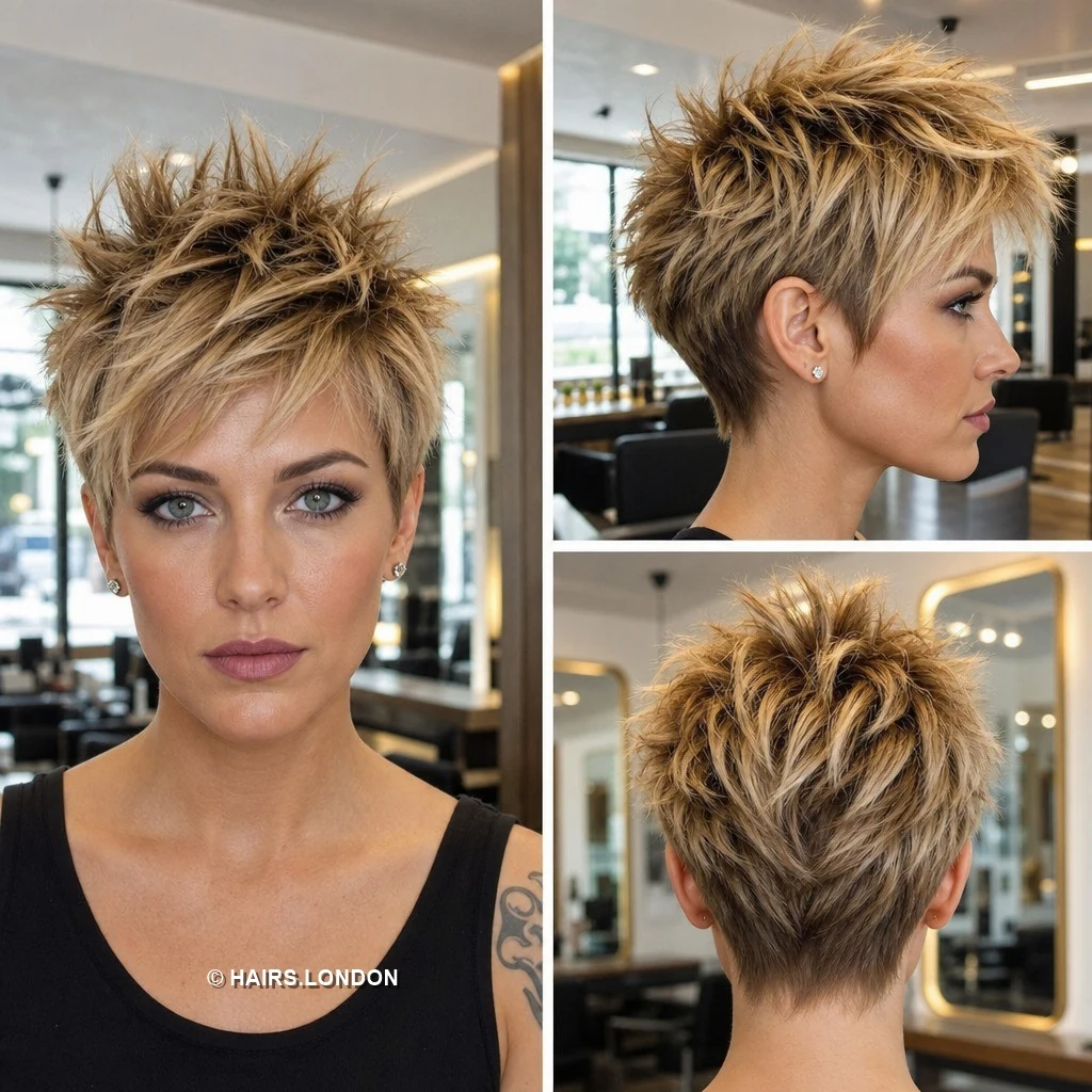 20 Textured Pixie Cuts with Bold Color, Swept Fringes and Crown Lift Golden Spiky Pixie