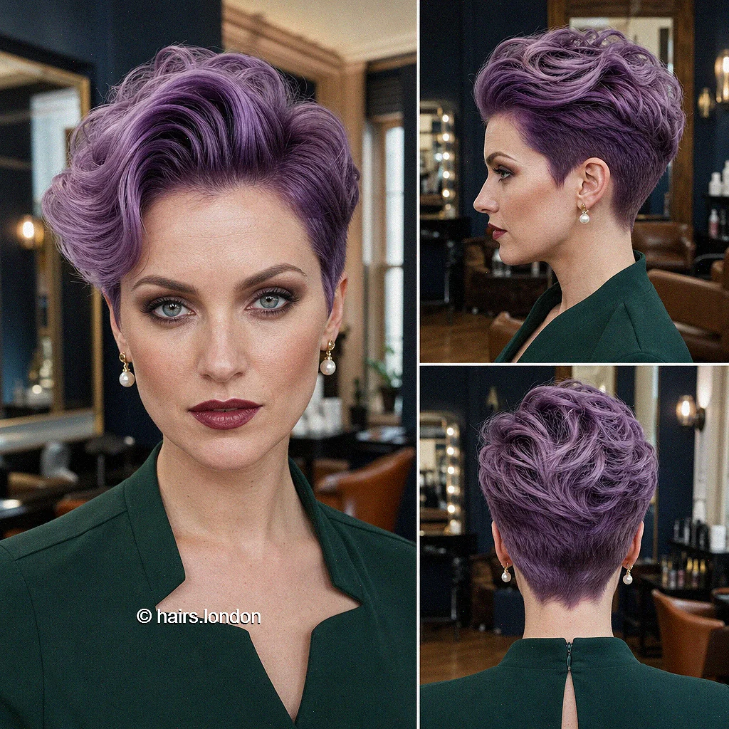 20 Sculpted Pixie Haircuts with Swept Fringes, Spikes and Dimensional Color Lavender Pompadour Pixie