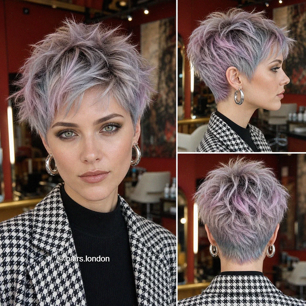 20 Sculpted Pixie Haircuts with Swept Fringes, Spikes and Dimensional Color Lilac Feathered Pixie