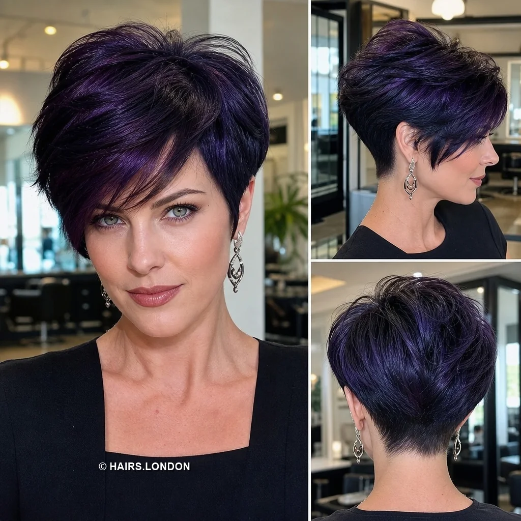 20 Sculpted Pixie Haircuts with Swept Fringes, Spikes and Dimensional Color Midnight Swept Pixie