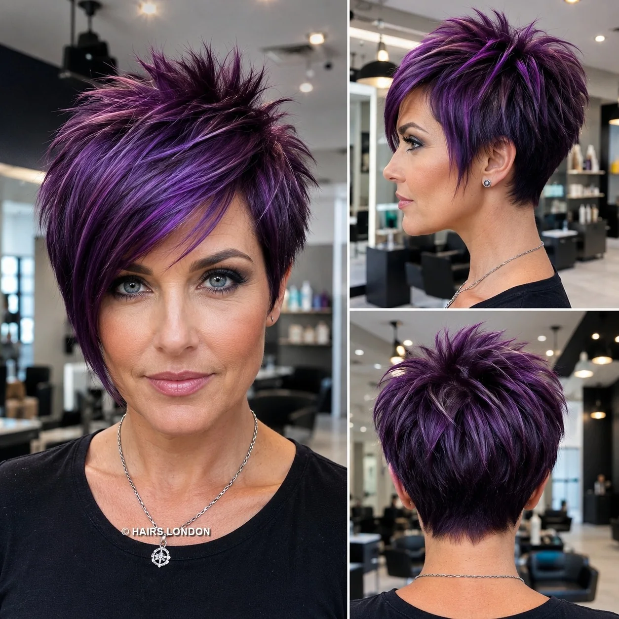 20 Sculpted Pixie Haircuts with Swept Fringes, Spikes and Dimensional Color Purple Diagonal Pixie