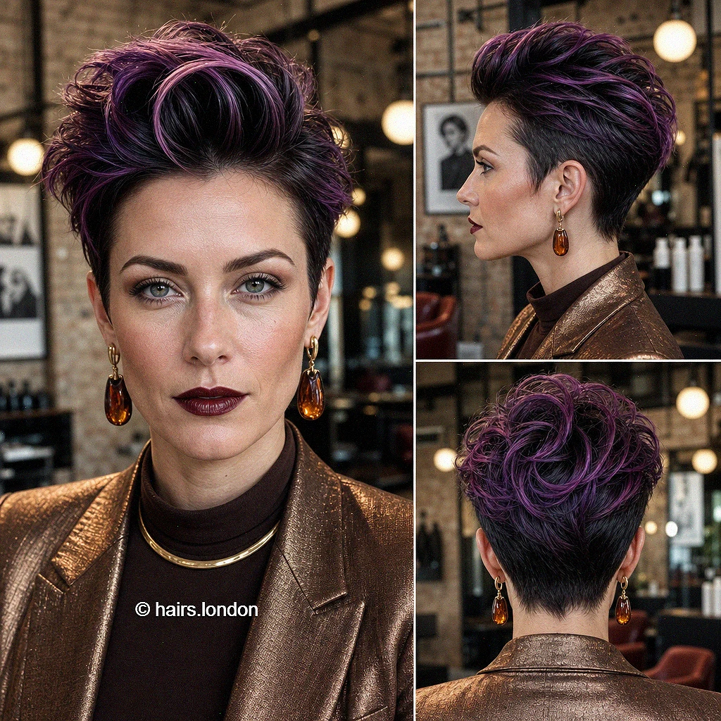 20 Textured Pixie Haircuts with Bold Colors and Soft Curls Purple Sculpted Pixie