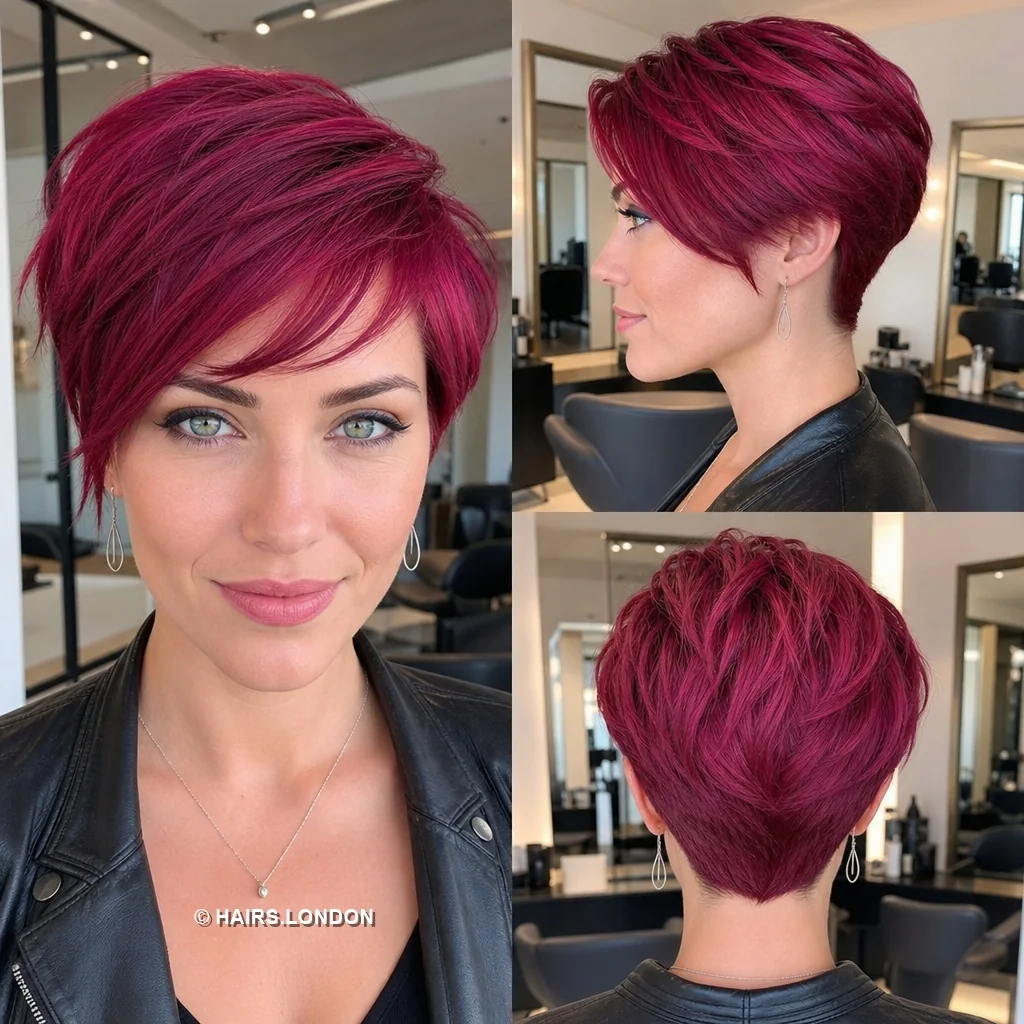 20 Sculpted Pixie Haircuts with Swept Fringes, Spikes and Dimensional Color Raspberry Textured Pixie