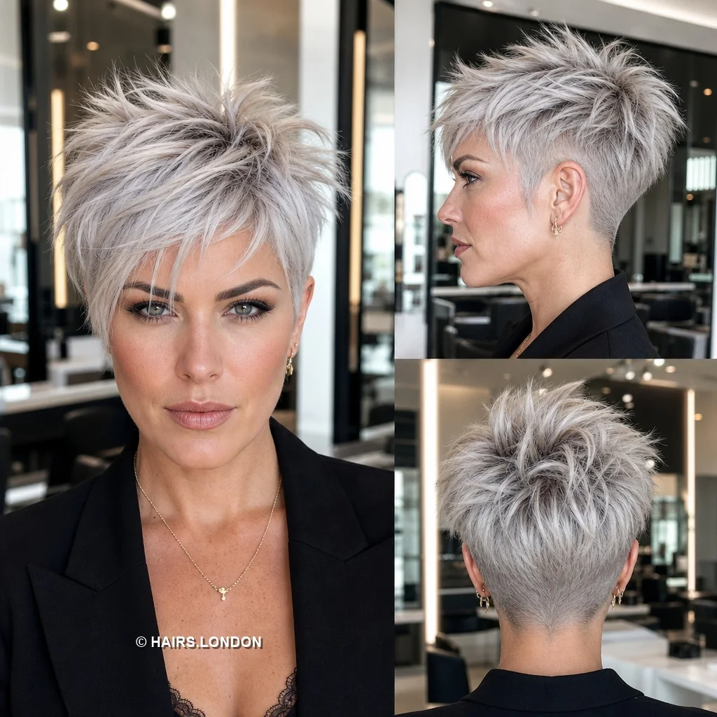 20 Sculpted Pixie Haircuts with Swept Fringes, Spikes and Dimensional Color Silver Tousled Pixie