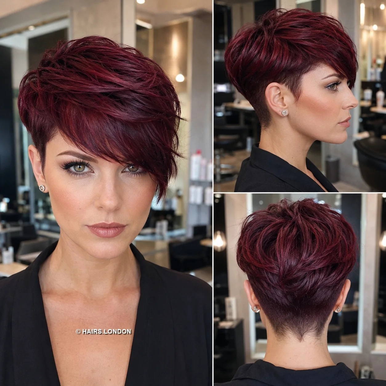 20 Sculpted Pixie Haircuts with Swept Fringes, Spikes and Dimensional Color Wine Swept Pixie