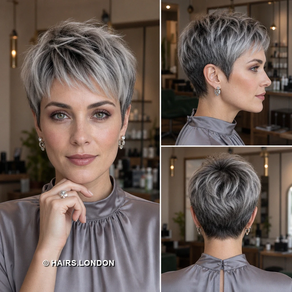 21 Silver Pixie Haircuts with Texture, Sweeping Fringes and Tapered Napes Ash Diagonal Crop