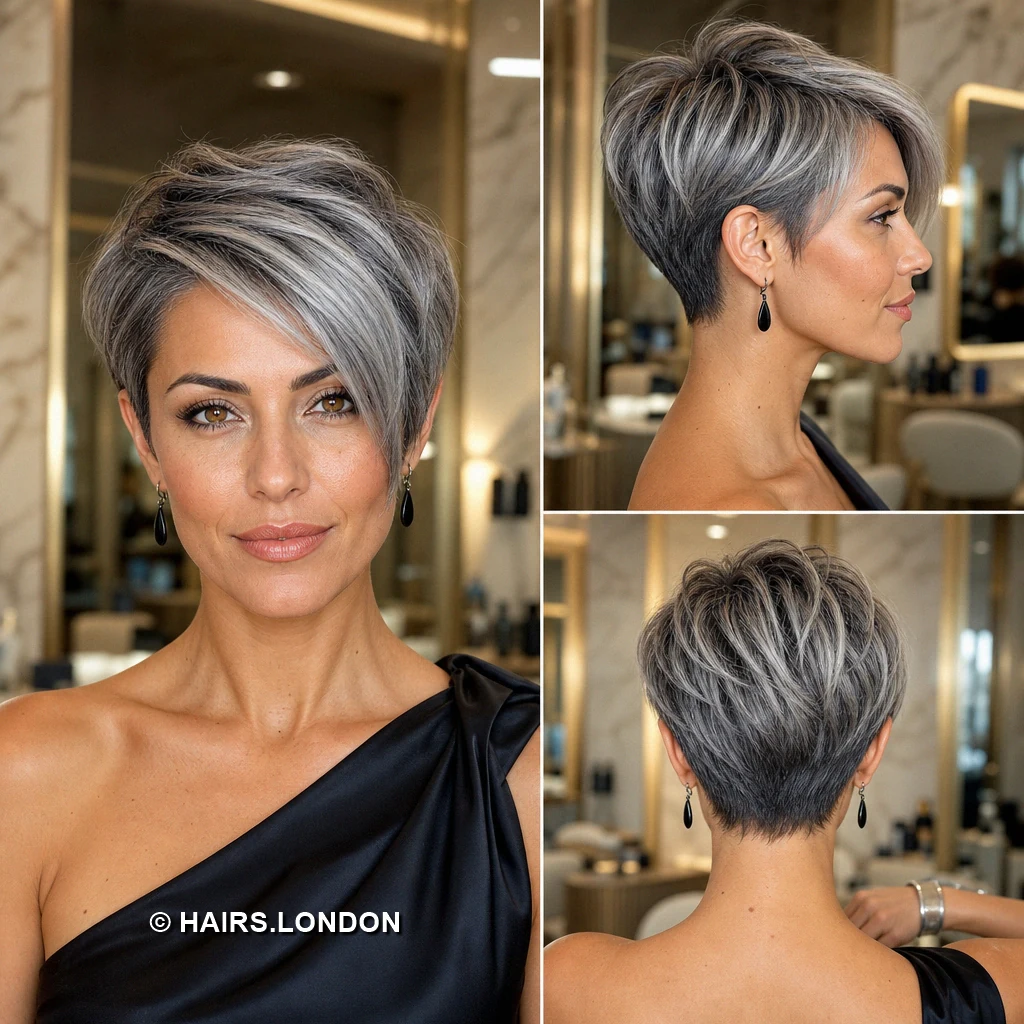 20 Silver Pixie Cuts With Dark Roots, From Soft Sweeps to Defined Curls Ash Upright Points