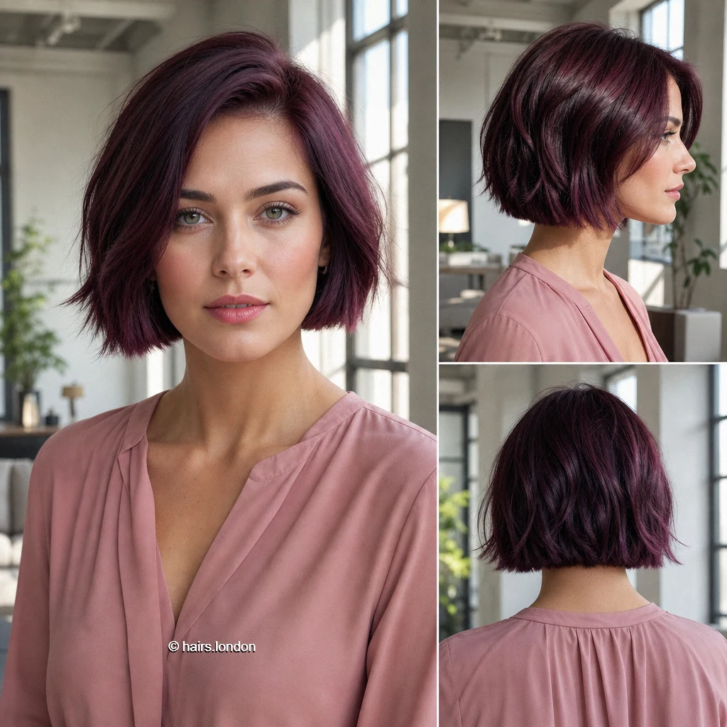 20 Colorful Bob Haircuts, From Sleek Curves to Shaggy Layers Aubergine Piecey Bob