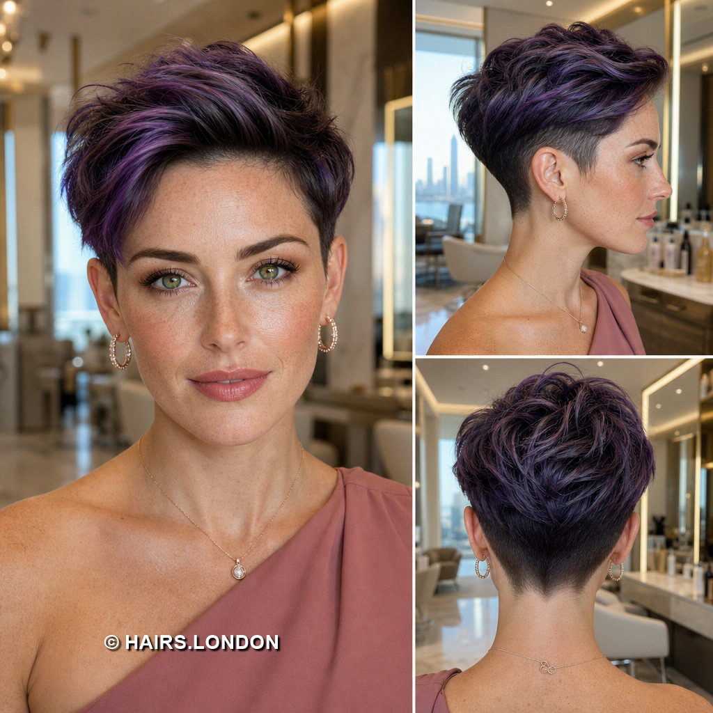 19 Purple Pixie Haircuts with Lavender Layers and Magenta Highlights Aubergine Swept Pixie
